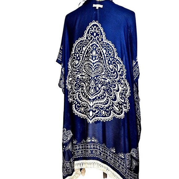 Woman's Woven Heart kimono boho medallion print fringe accent blue cover up S1 - Picture 2 of 11